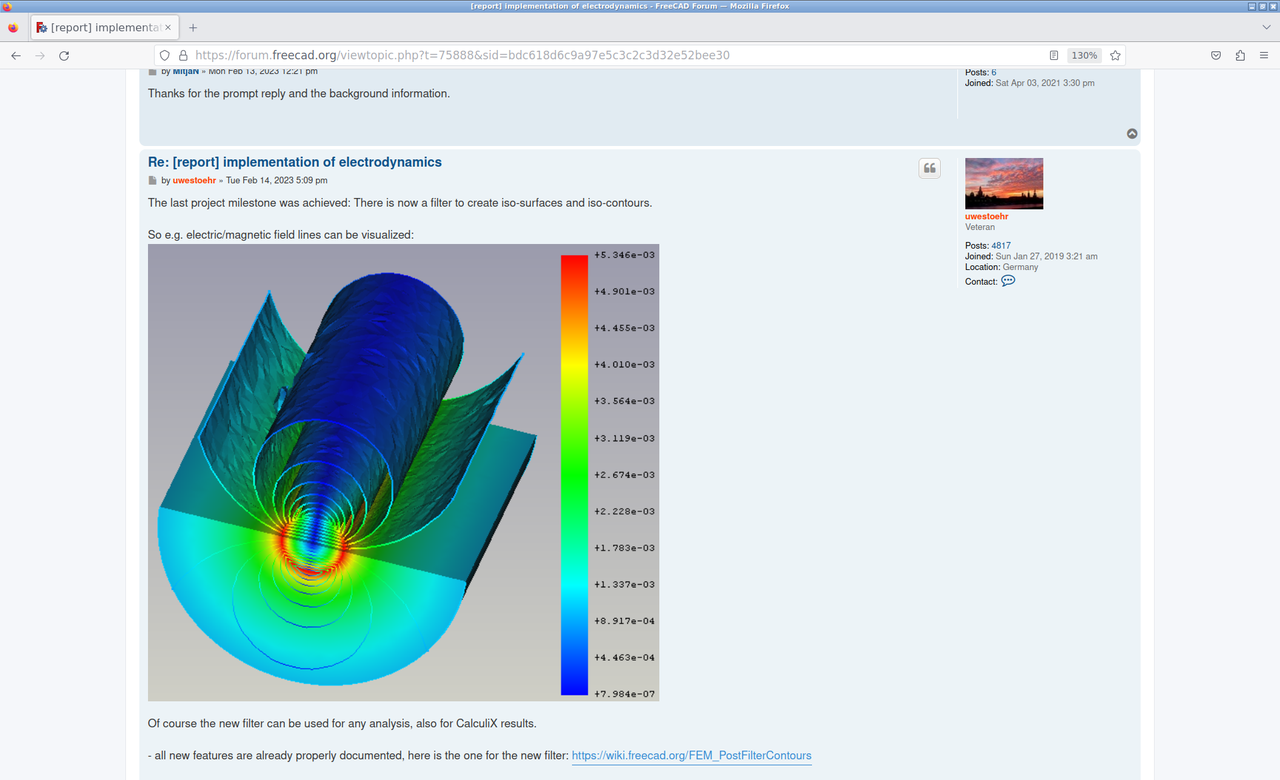 Screenshot of a forum posts with an electromagnetic simulation